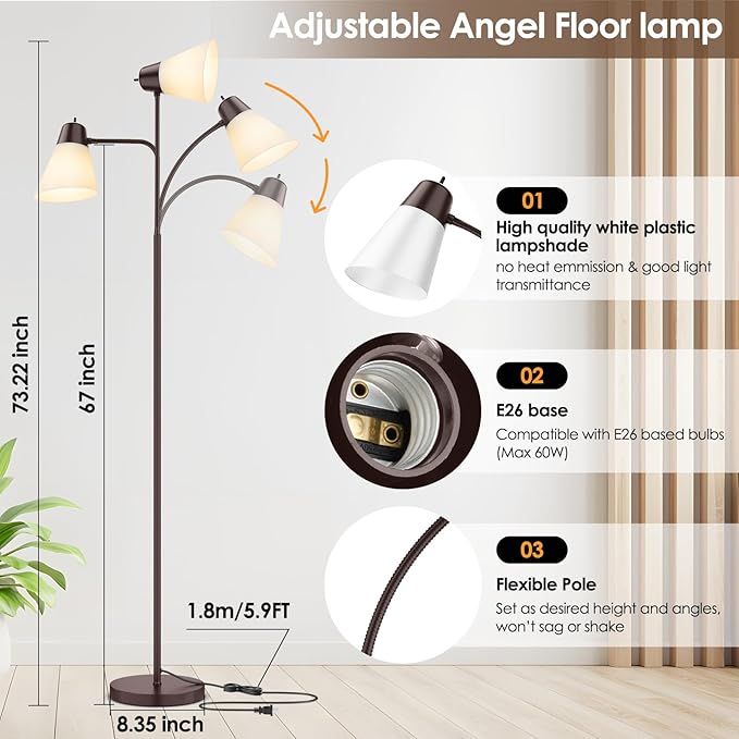 Floor Lamp for Living Room, Adjustable Standing Room Lamp with White Plastic Shade, Brown Reading Floor Lamps for Dorm, Bulb not Included