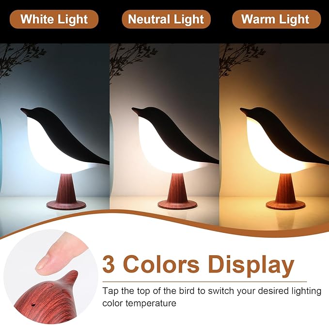 VoMii Bird Desk Lamp, Small Table Lamp Cordless Touch Dimmable Night Light with 3 Color Temperature, Rechargeable Decorative Lamps for Bedroom Bedside Nightstand, Desk Decor, Bird Gifts