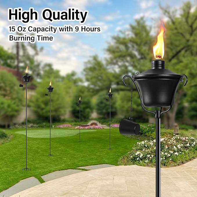 6 Pack Outdoor Garden Torch, 15 oz Outdoor Citronella Torches, 58 Inch 5-Prong Grounded Stake Torches, Metal Torches with Fiberglass Wick for Yard, Patio, Deck, Garden, Party, Landscape ﻿