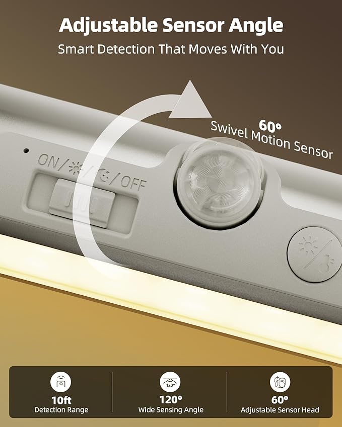 EZVALO Motion Sensor Closet Light, Rechargeable 1800mAh Battery-Operated LED Light, Rotatable Sensor, 3 Color Temperatures & Stick-On Light for Closet, Pantry, Stairs