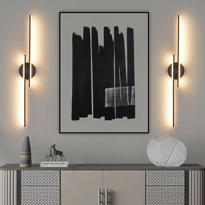 Rechargeable Battery Operated Wall Sconce Set Of Two, Black Wireless LED Wall Sconces With Remote Control, Dimmable 3 Colors Cordless wall lights for Living Room, bedroom, Hallway, 31.4 Inch ( 2pcs)