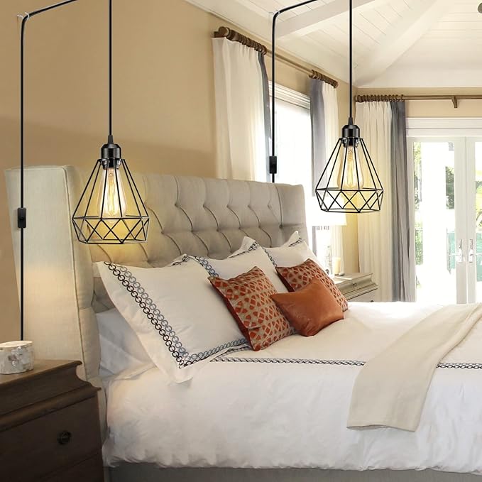 Plug in Pendant Light, Industrial Hanging Light with Plug in Cord, Black 15FT On/Off Switch Farmhouse Pendant Light, Hanging Lamps for Dining Room