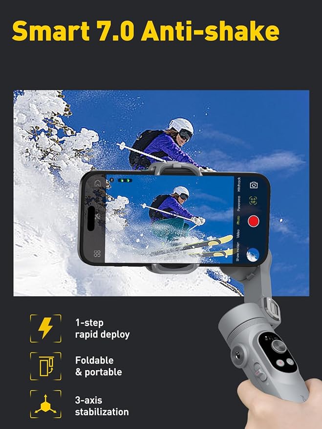 AOCHUAN Gimbal Stabilizer for Smartphone with Face/Object Tracking for iPhone 15 14 Pro Max Android,3-Axis Foldable Phone Gimbal w/Built-in Light,1/4 Threads for TikTok YouTube Vlogging(Smart X Grey)