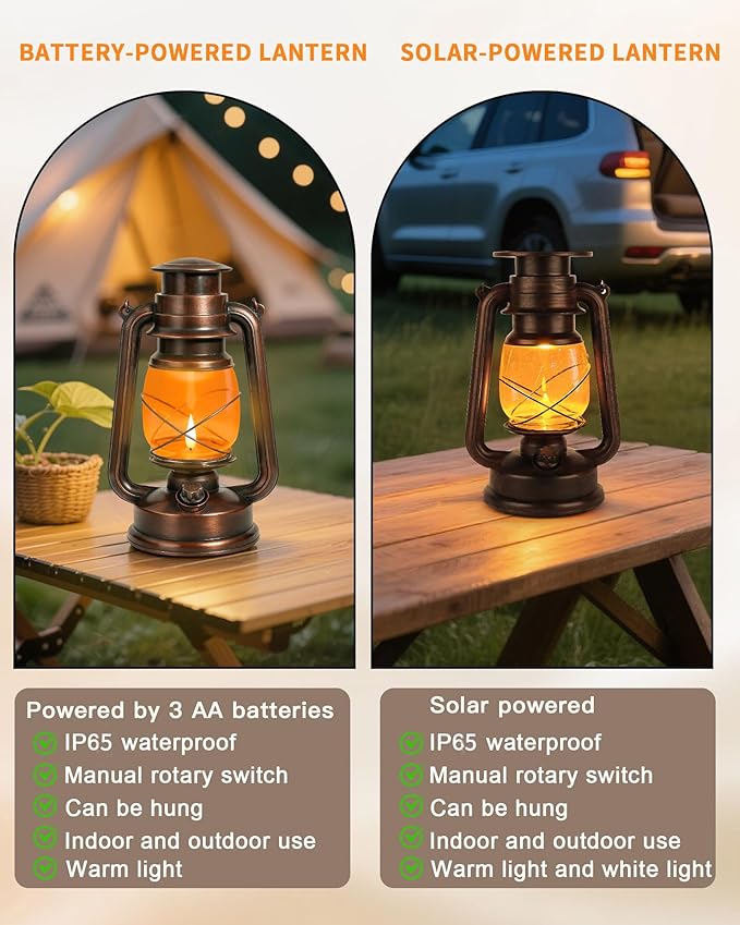 Vintage Battery Operated Lanterns 2 Pack, IP65 Waterproof Antique Outdoor Lantern with 2 Modes (Steady & Flickering) - Hanging Rustic Decor for Garden, Camping, Patio, Emergency