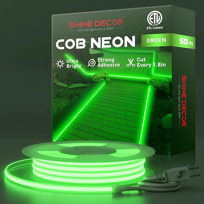 Shine Decor COB LED Rope Light AC 120V, 800lm Ultra Bright, IP65 Waterproof Cold-Resistant ETL Neon Strip, No Driver Tape Lighting for Home Commercial 10x4.5mm, Green, 50ft