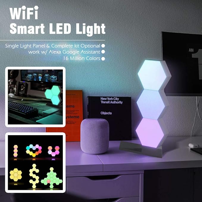 Yescom APP Control 6 Pack Smart LED Light Panels Hexagon Smarter Replacement Kit WiFi Smart LED Lamp Lighting Expansion 16 Million Colors Changing for DIY Gaming Party Decor