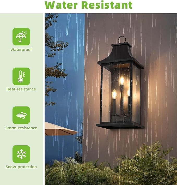 tewei 28'' Large Outdoor Wall Light, Porch Light Outdoor Wall Sconce Lantern, 3-Light Black Exterior Lighting Fixture Wall Mount, Outside Light for House Garage, 1-Pack