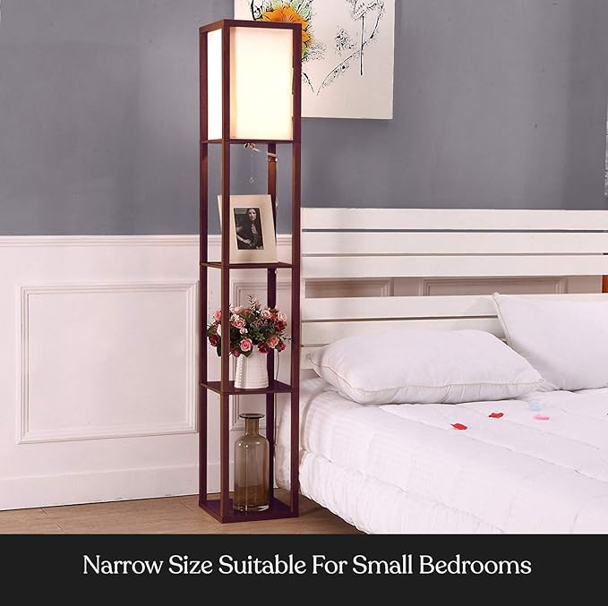 Brightech Maxwell - Modern Shelf Floor Lamp with Lamp Shade & Warm White LED Bulb, Corner Display Floor Lamp with Shelves for Living Room, Bedroom, Nightstand Office, Home Decor Storage - Havana Brown