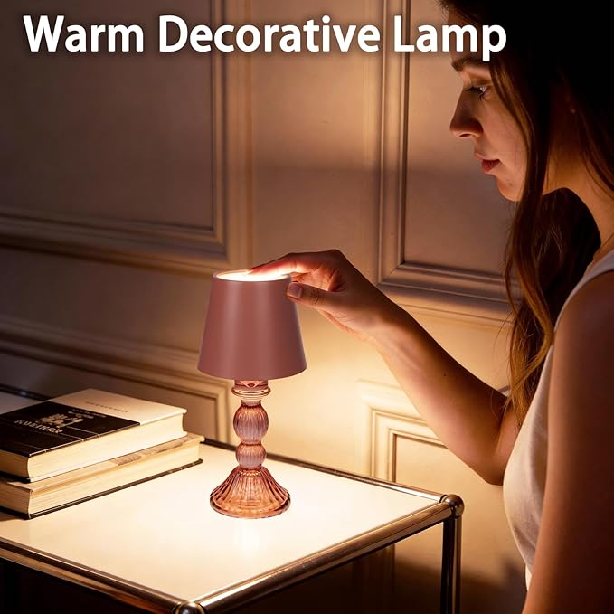 MJ PREMIER Cordless Table Lamp, Small Rechargeable Lamp with Touch Control, 9.5" H, 3 Color Stepless Dimming Battery Operated Lamps for Bedroom/Living Room/Bathroom/Kitchen/Corner/Entryway (Pink)