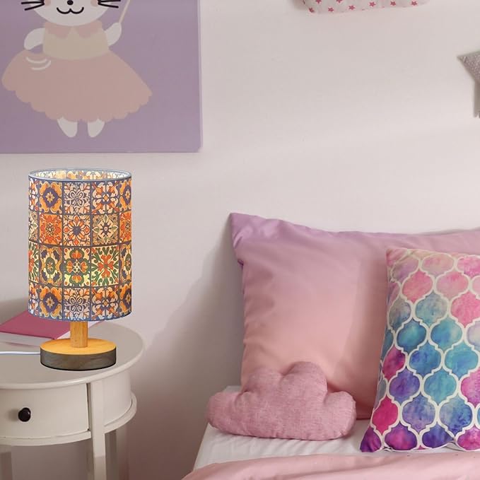 Mexican Tile Patterns Colorful Ethnic Bedside Table Lamps with USB Port for Bedroom Lamp Accent Table Lamp Small Nightstand Lamp Sturdy Linen Shade Wooden Base Decorative Lamps for Kids|Dorm|Home