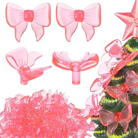 Soulchen 200 Pcs Ceramic Christmas Tree Replacement Lights Bulbs Acrylic Pink Bow Light Pegs Ornaments for Christmas Tabletop Ceramic Tree Decoration
