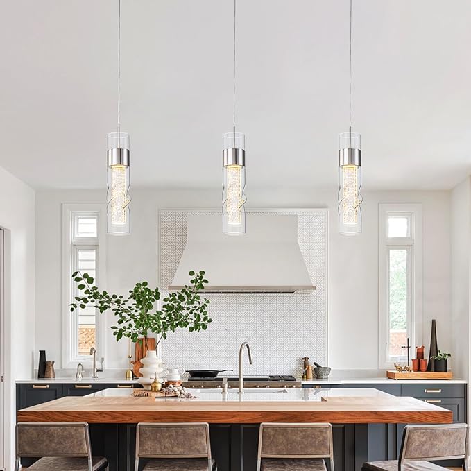 WILON Led Kitchen Island Ceiling Light, 9W Crystal Hanging Lights with Threaded Clear Glass, Adjustable Modern Pendant Light Led Kitchen Light Fixtures for Dining Room Bedroom(1 Pack)