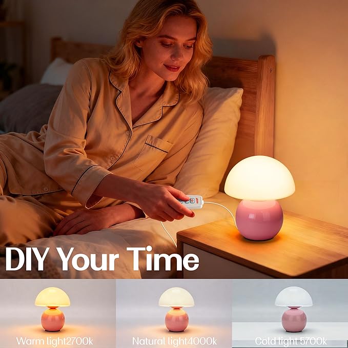 Cute Small Mushroom Lamp Decor,USB-Plug in Bedside Table Lamps with 3-Temperature LED Bulb Dimmable,Modern Aesthetic Home Decor for Livingroom/Bedroom/Dorm/Nursery (Pink with Plug)