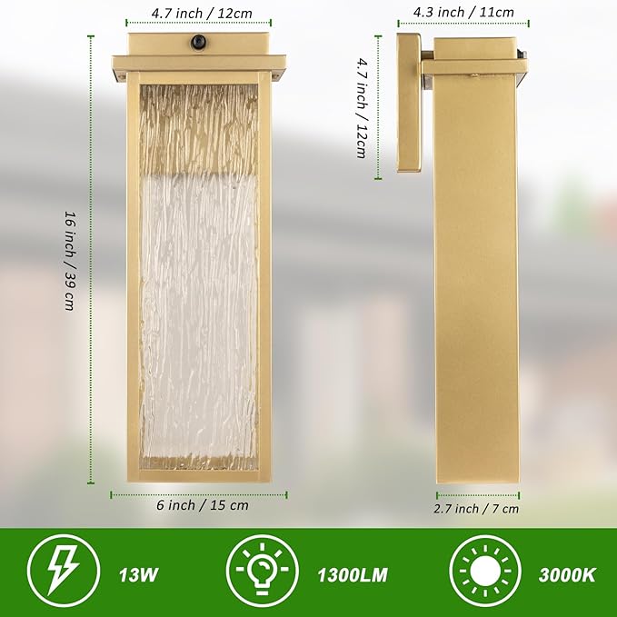 16" Dusk to Dawn LED Outdoor Light 2 Packs, Gold Outside Porch Lights Wall Mount, Large Exterior Lighting Fixtures with Rippled Glass, Waterproof Modern Wall Lantern for House, Patio