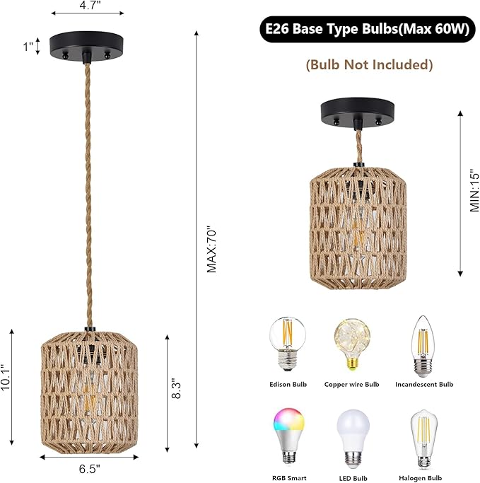Boho Pendant Lights Kitchen Island Rattan Hanging Lamp with Hand Woven Wicker Small Chandelier Hanging Lights Fixture for Bedroom Kitchen Hallway Foyer 3 Packs