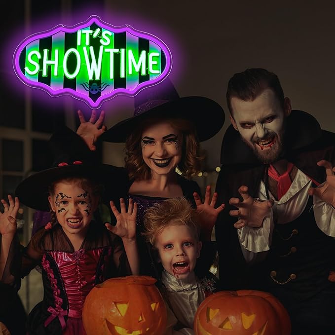 Ajoyferris It's Showtime Neon Sign Dimmable Neon Halloween Sign Showtime Led Sign Horror Movie Neon Lights Striped Gothic Light Up Sign for Halloween Party Decor