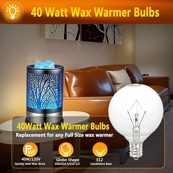 40W Light Bulbs,Wax Warmer Bulbs,E12 Candelabra Base 120 Volt Round Light Bulbs for Full Size Scentsy Warmer,Wax Melt Warmer,Chandelier Table Lamp Wall Sconces,Soft Warm White,G50/120V,6 Packs