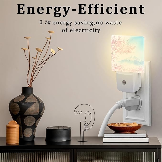 Cherry Blossoms with Mountain Fuji Night Light Plug into Wall, Watercolor Pink Flowers Dusk to Dawn Night Light,0.5w Energy Saving Sleep Friendly Nightlights for Kids Boys Girls Home