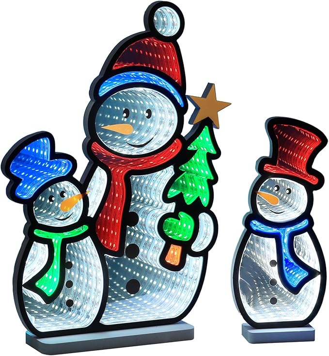 MEETYAMOR Christmas Decorations Indoor, Set of 3 Snowman Infinity Mirror Tunnel Light for Christmas Decor, Night Lights with Endless Extension for Home Mantel Table Centerpiece Lamp Xmas Decorations