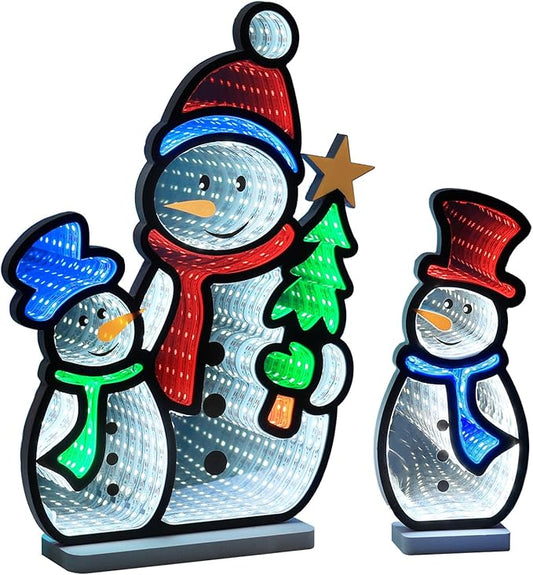 MEETYAMOR Christmas Decorations Indoor, Set of 3 Snowman Infinity Mirror Tunnel Light for Christmas Decor, Night Lights with Endless Extension for Home Mantel Table Centerpiece Lamp Xmas Decorations