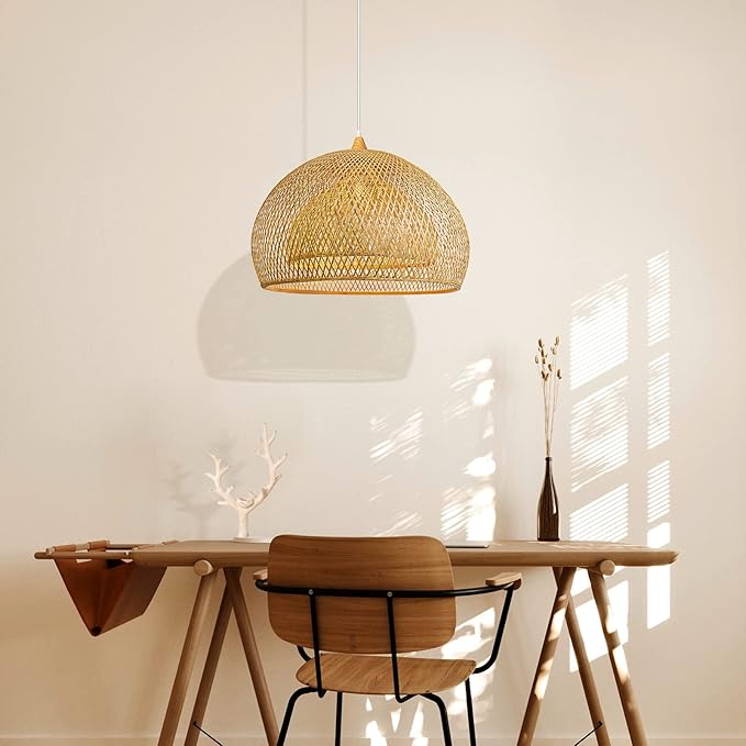 Arturesthome 23.6" Weaving Bamboo Pendant Light for Kitchen Island, Wicker Chandelier, Handmade Woven Hanging Ceiling Light Lampshade for Living Room Bedroom