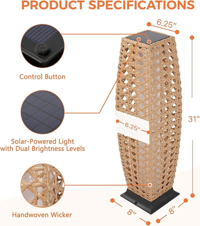 Grand patio 2-Piece Outdoor Floor Lamp Solar Lantern, Water-Resistant Wicker Boho Patio Light with 50/100 Lumens Dual Brightness & Memory Mode for Garden Porch Deck Decor, Large Diamond Natural