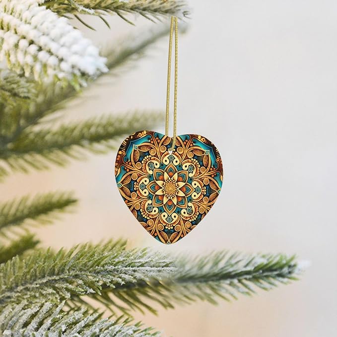 Gorgeous Mandala Christmas Ornaments, Christmas Decorations Xmas Tree Hanging Ornaments, Heart-Shaped Ceramic Festive Keepsake Gift for Christmas Decorations Home Holiday Party