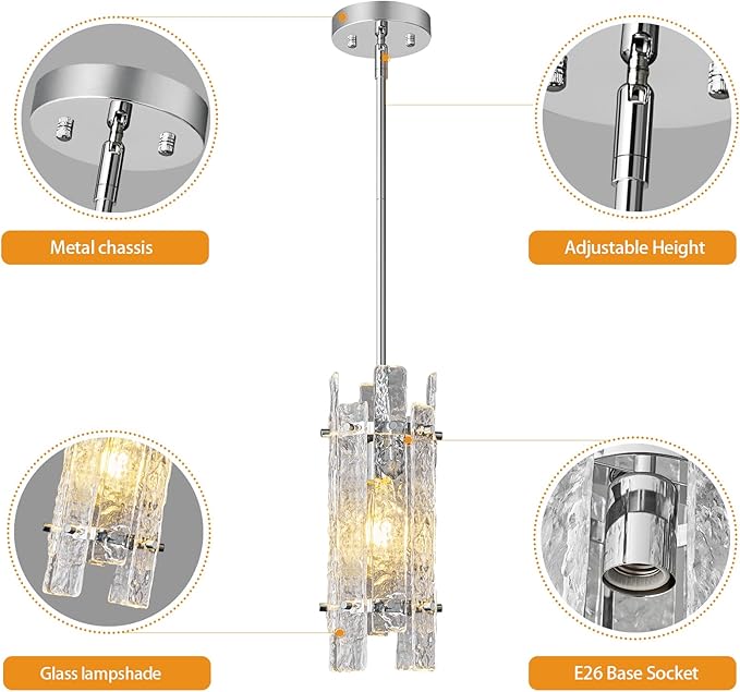 Modern Crystal Pendant Lighting Chrome Pendant Lights Mini Glass Chandeliers, Adjustable Pendant Light Fixture for Kitchen Island Bedroom Living Room Dining Room Corridor(1Pack)