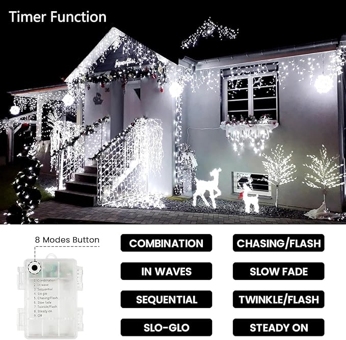 4 Pack Christmas String Lights Battery Operated with Timer, 66FT 200 LED Waterproof Twinkle Lights, 8 Modes Fairy Light for Indoor and Outdoor Bedroom Garland Tree Christmas Decorations (Cool White)