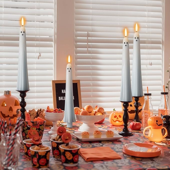 DRomance Halloween Ghost Flameless Taper Candles Flickering Battery Operated with Remote and Timer 3D Wick White Real Wax LED Taper Candles Halloween Dinner Decoration Indoor(2 Pack, 0.79"D x 9.5"H)