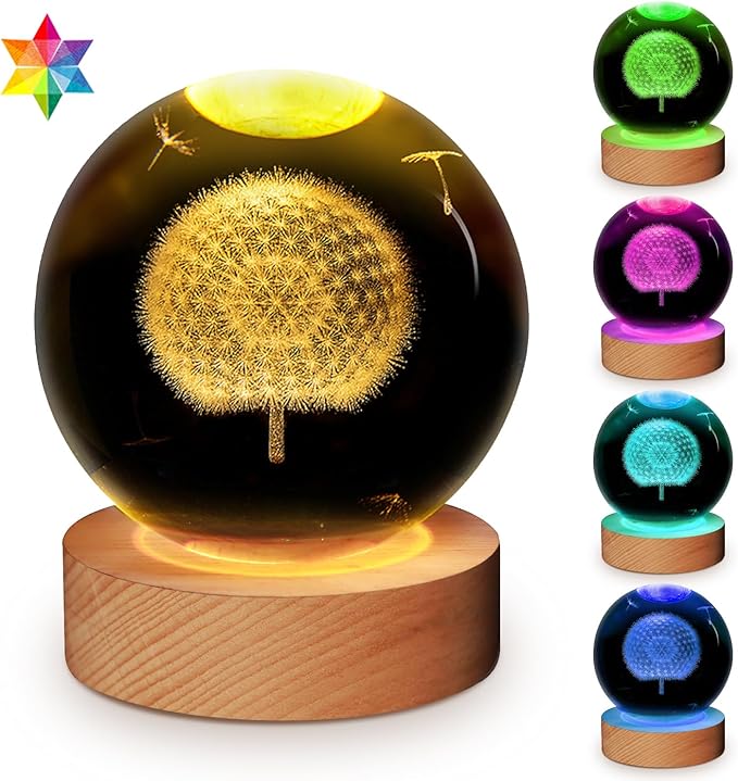 3D Crystal Ball Dandelion Lamp,3.15inch Multi-Color Changing Bedroom Decor Night Lights,Christmas Birthday Gifts for Boys,Girls
