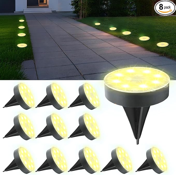 Ground Lights 8 Pack, IP68 Waterproof Solar Disc Lights for Outdoor, Flat Garden Light, In-Ground Light, Landscape Lighting for Pathway, Walkway, and Yard-8 Pcs (Warm White)