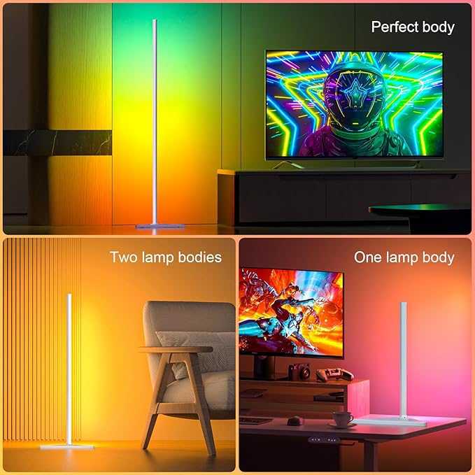 MIHEAL Corner Floor Lamp, 2 Pack LED Corner Lamp with APP and Remote Control, 16 Million DIY Colors & Warm White, Music Sync, Timing Function, Color Changing Ambient Lights for Living Room, Bedroom
