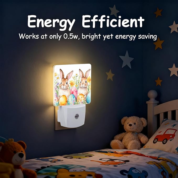 Easter Bunny Eggs Night Light for Kids,Dusk-to-Dawn Auto Sensor Happy Easter Floral Plug in Night Light,0.5W Energy Saving Non-Toxic for Bedroom/Bathroom,Ideal Gifts for Women Men