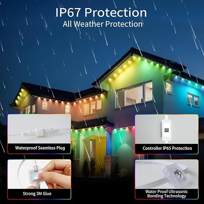 Permanent Outdoor Lights, 100ft with 72 LED Lights, IP67 Waterproof, 75 Scene Modes for Patio, Eave, Outdoor Decor, Compatible with Alexa, Google Assistant, White