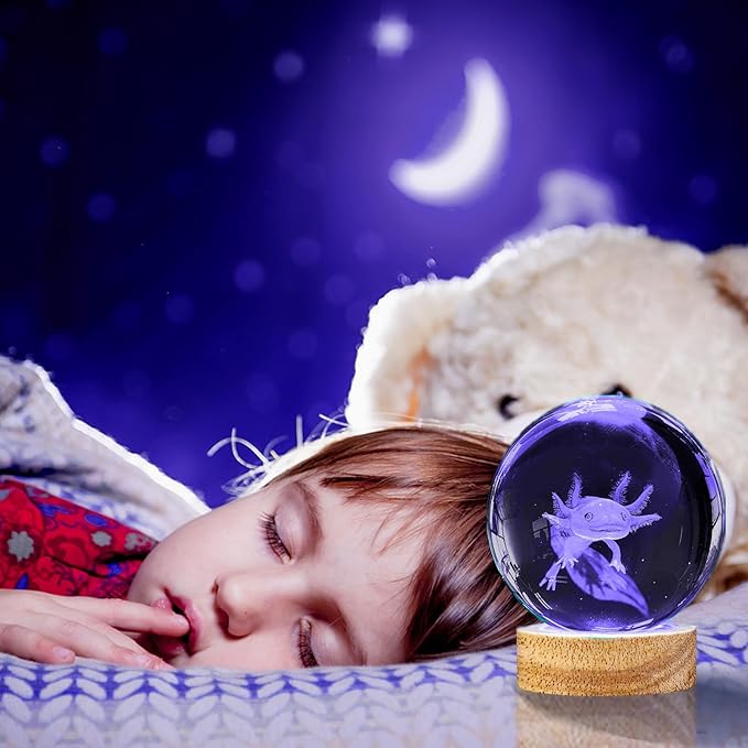 3D Axolotl Crystal Ball Night Light,3.15in k9 Crystal Ball Lamp with 16 Colors Change,Wooden Base and Remote Control Decor Axolotl Gifts for Kids