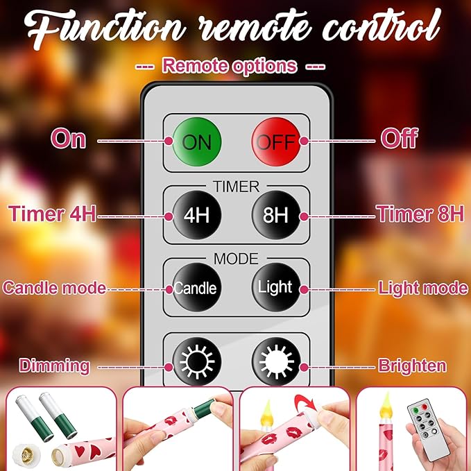 5 Pcs Valentines Day LED Flameless Candle Set Valentine Day Flameless Taper Candles with Heart Battery Operated Seasonal Celebration with Remote for Wedding Romantic Night