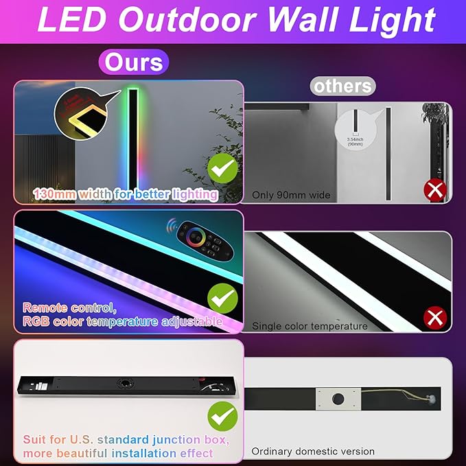 2 Pack RGB LED Outdoor Long Wall Lights,24 inch Modern Outdoor Light Fixture,Dimmable Exterior Linear Lighting Fixtures,RGB Long Linear Wall Light with Control Remote for Patio,Porch,Garage