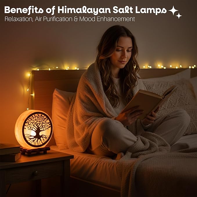 Himalayan Salt Lamp with Tree of Life Design – 4.5 Inch Hand-Carved, Wooden Base, for Home Décor, Meditation & Gifts