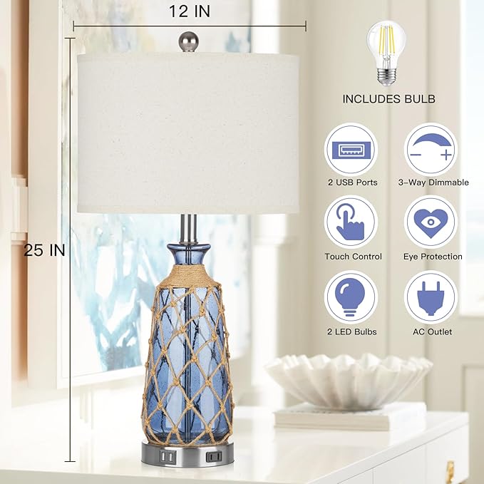 Coastal Glass Table Lamps, 3-Way Dimmable Touch Control Bedside Lamps with 2 USB Ports and AC Outlet, Blue Nautical Nightstand Lamps for Bedroom Living Room (LED Bulbs Included)