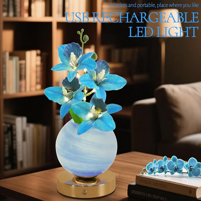 Flower Table Lamp, 3 Colors Orchid Night Light, Cordless Touch Dimming Artificial Flower with Vase Lamp, LED Desktop Decorative Landscape Lights for Festival Party Home Decor (Blue Orchid)