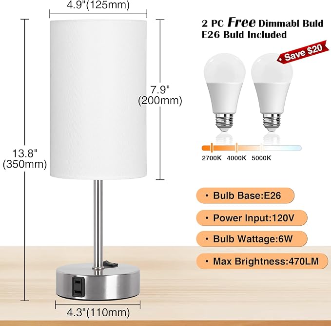 ZJOJO Table Lamp for Bedroom Set of 2, Bedside Small Lamps with 3 Way Dimmable Rocker Switch and AC Outlet, Nightstand Desk Lamp with White Fabric Shade Nickel Base for Living Room Home Decor Lights