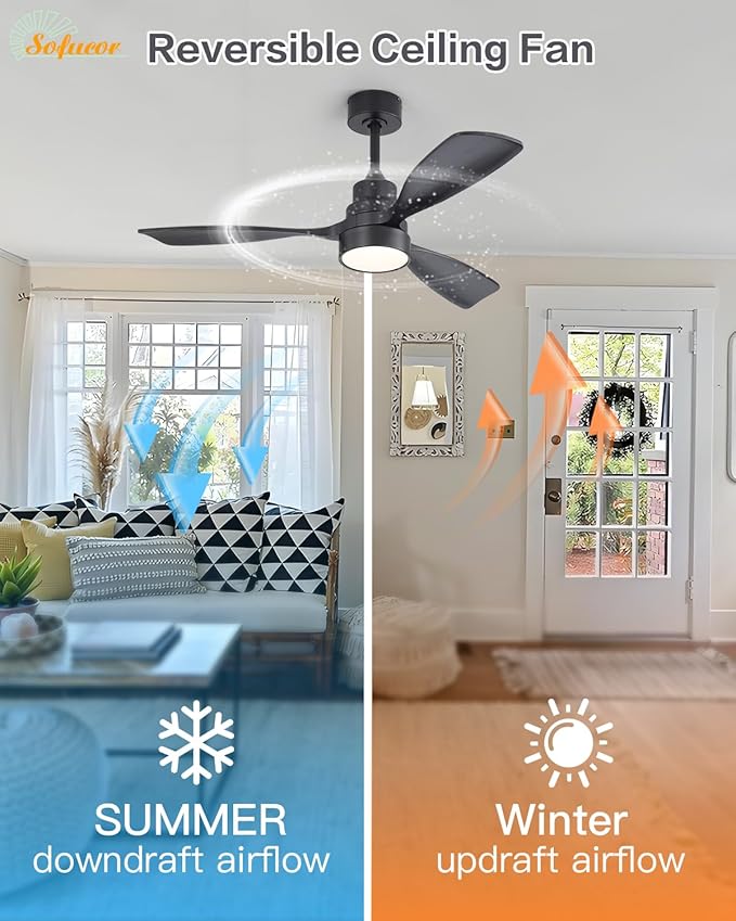 Sofucor 48 Inch Ceiling Fans with Lights and Remote Control-Modern Flush Mount & Downrod Mount Ceiling Fan for Bedroom Living Room Indoor Outdoor Farmhouse Patio, Timer Quiet DC Motor, Black&Walnut