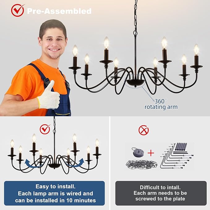 Depuley Black Chandelier Light Fixture: Vintage 8-Light Candle Chandeliers for Dining Room Lighting - Modern Hanging Pendant Lights Kitchen Island - Farmhouse Chandelier Chandeliers for Bedroom