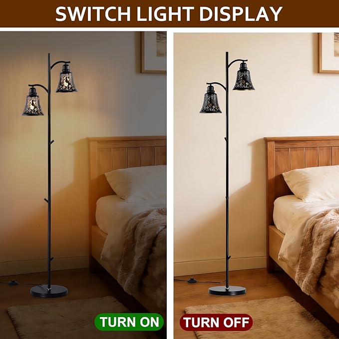 64.56" Tall Goth Farmhouse Floor Lamp,2-Light Tree Black Metal Hummingbird Lampshade Rustic Floor Lamps for Living Room,Western Standing Floor Light for Bedroom,Home,Office,Corner,Bar