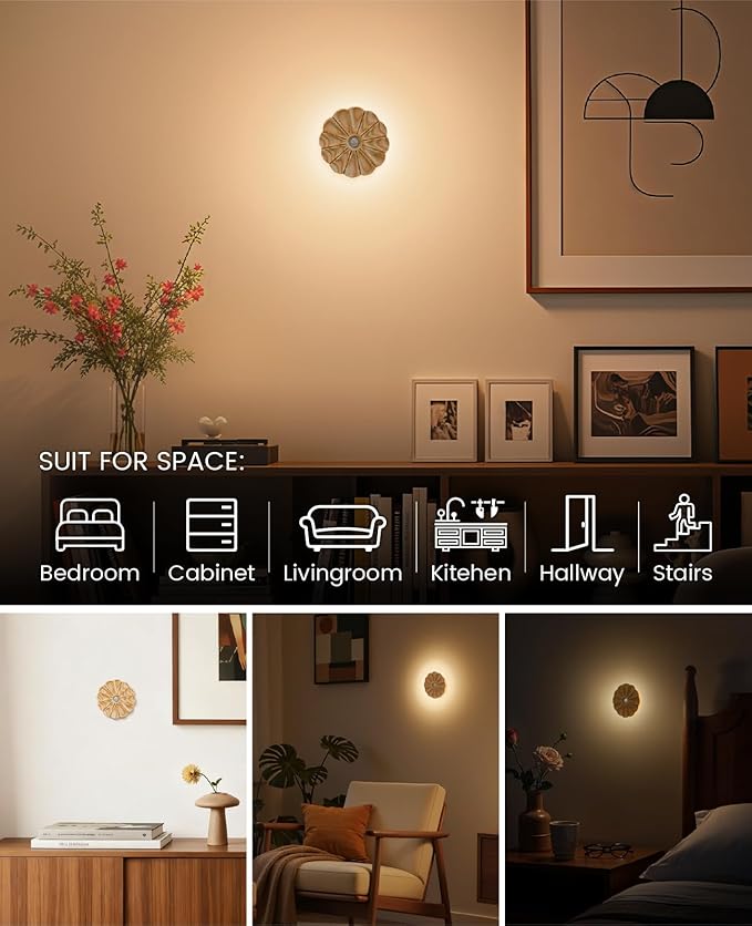 Night Light Wooden Carved Flower Mini USB Rechargeable Motion Sensor Nightlights Magnetic Wall Light for Hallway, Bedroom, Living Room, Stair, Ash Wood