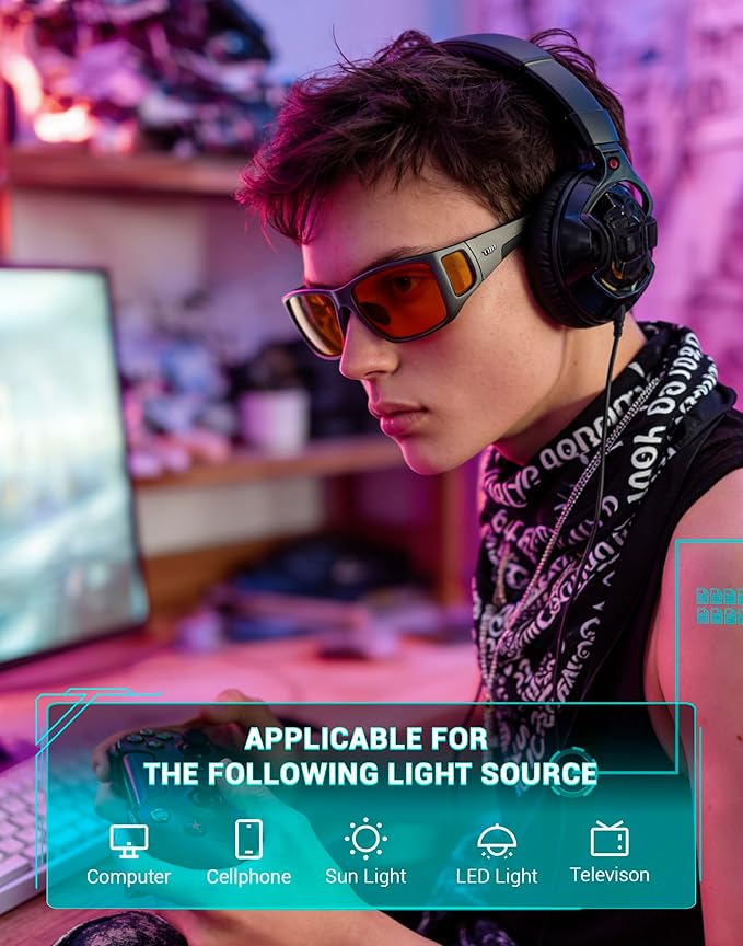 TIJN Sonia Sleep Glasses for Blue & Green Light Blocking,Red Lens with Dual AR Coating,Wraparound Frame for Gaming Screen