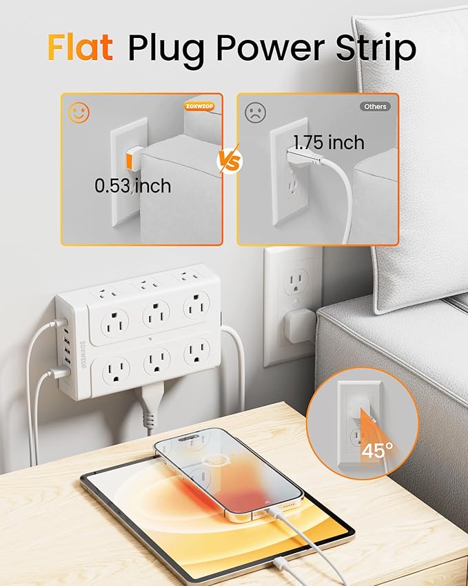 Surge Protector Power Strip - 12 Outlets(1850W/15A) 6 USB Ports（2 USB C, 6FT Flat Plug Extension Cord, Wall Mount Multi Plug Outlet Extender, ETL Listed for Home, Dorm Room