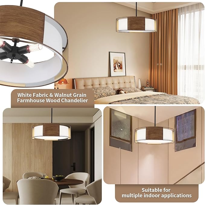 19.7'' Farmhouse Drum Chandeliers for Dining Room, 4 Light 2-Layer Shade Chandelier Large Round Pendant Light Fixtures, Modern Light Fixture for Dining Room Kitchen Island Living Room Bedroom