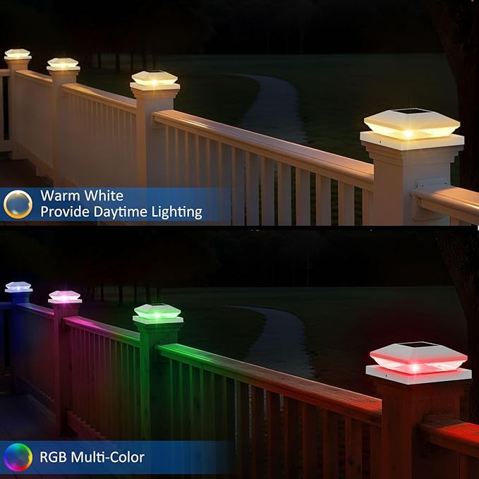T-SUN Solar Post Cap Lights with Auto-Change Colors- for Wooden (4x4/6x6) & Vinyl (4x4/5x5) Posts | Weatherproof Outdoor Solar Fence Post Lights for Deck, Porch, Garden & Stairs(12-Pack,RGB)